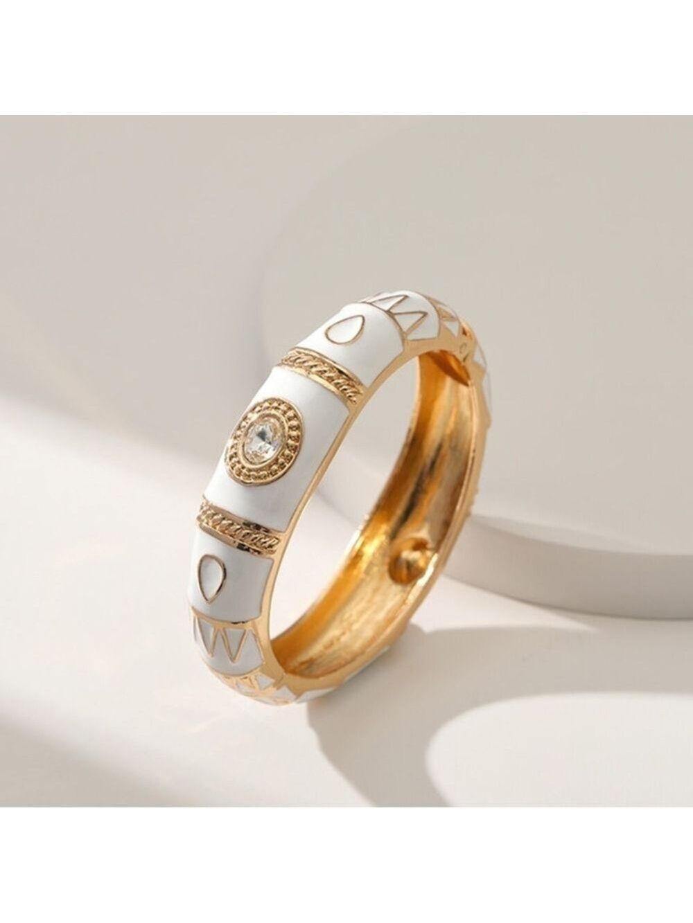 18k Gold Plated Stainless Steel White Enamel Statement Bangle, Simulated Diamond